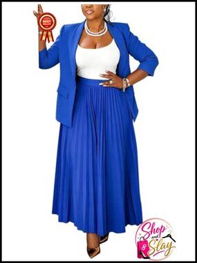 Plus Size 2 Piece Blazer and Pleated Maxi Skirt Suit Set Business Casual